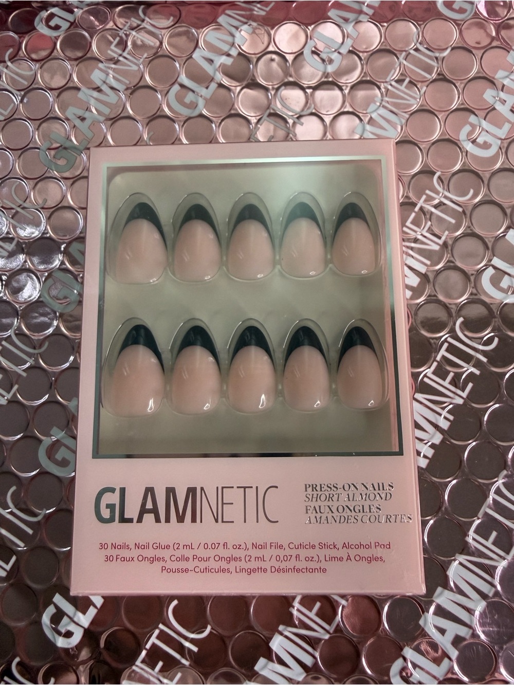 GLAMNETIC Short Almond Press-On Nails — Nude with Black Tips